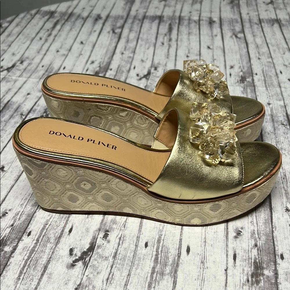Donald J. Pliner Gold Wedge Slides with gem Embellishment - Picture 3 of 5